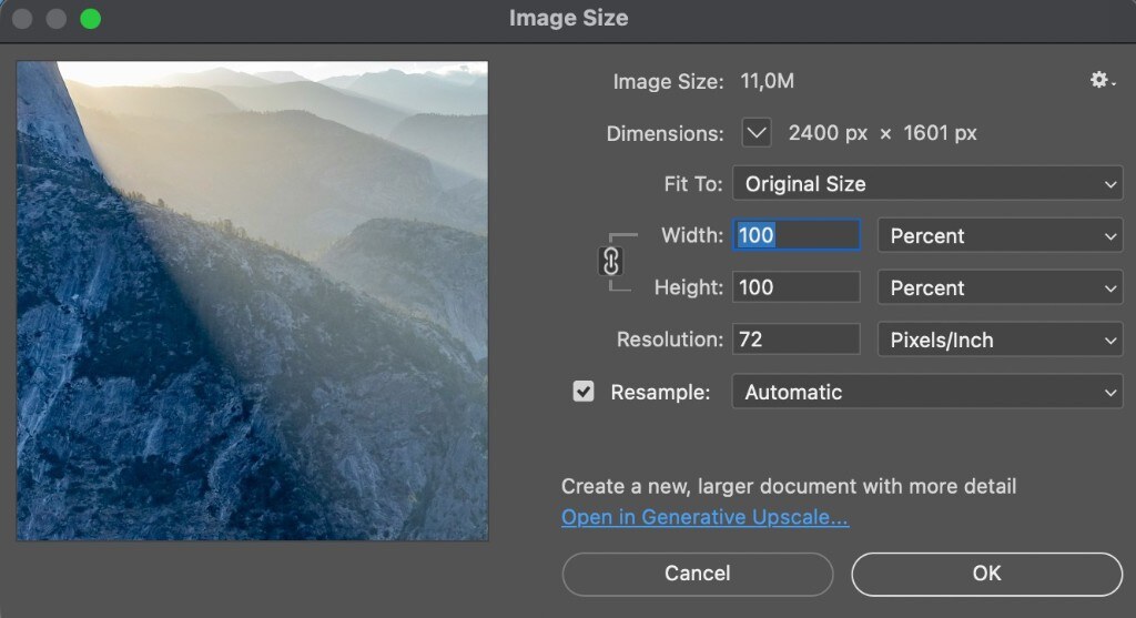 Photoshop Image Size dialog with resample on, locked proportions, and 72 ppi for a 2400 by 1601 px file