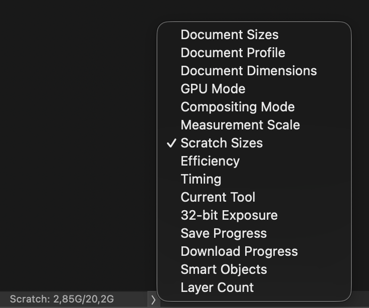 Photoshop status bar with Scratch Sizes selected showing scratch disk usage