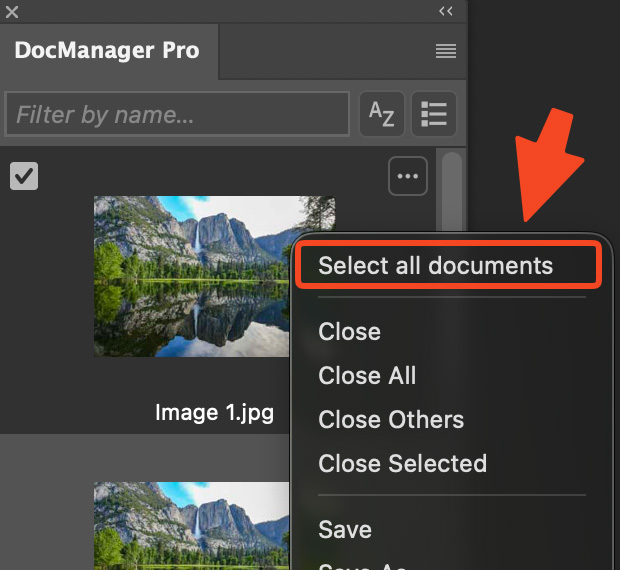 Context menu on the document list with Select all documents as the first item